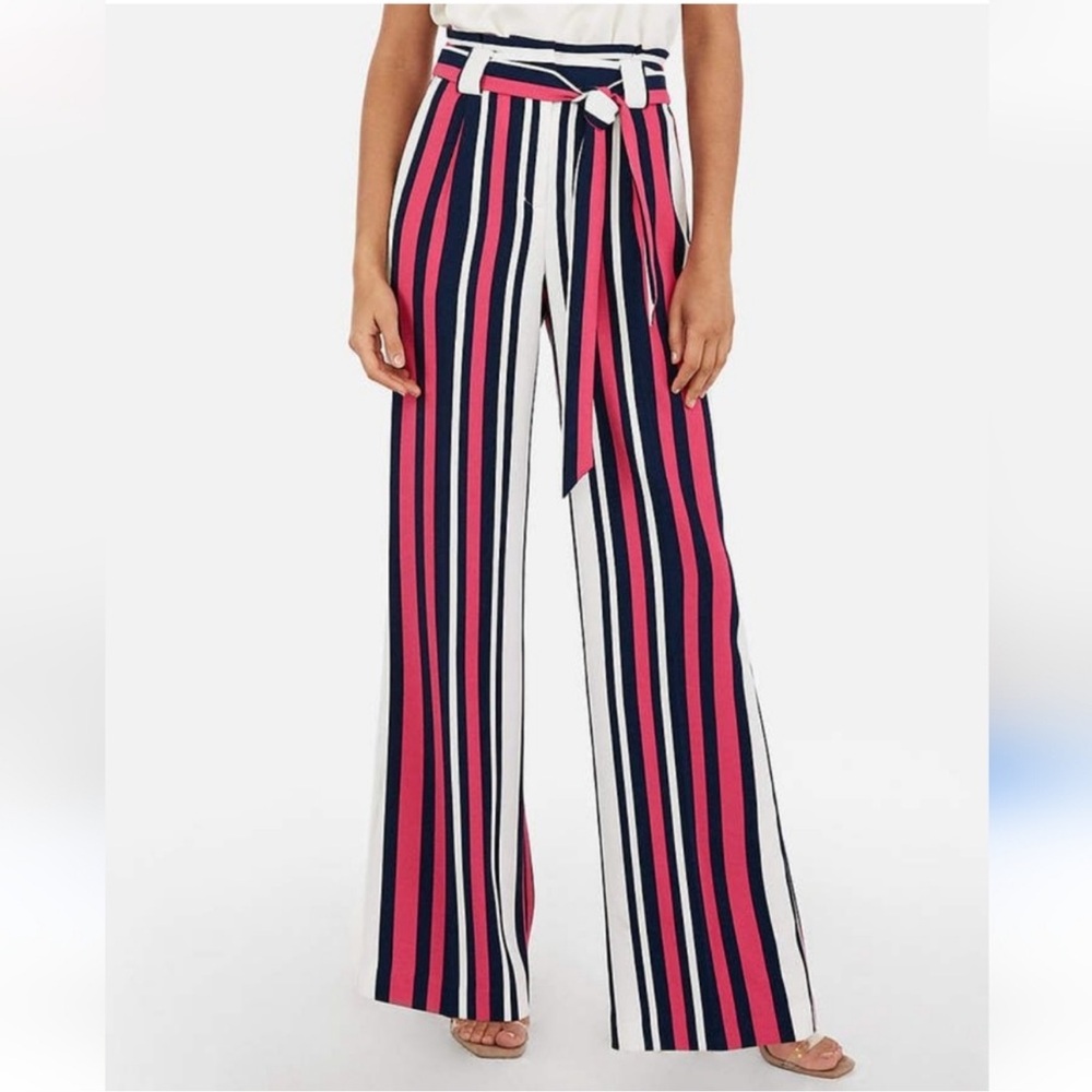 Express High Waisted Striped Wide Leg Pant Size XS White Barbie Pink Blue